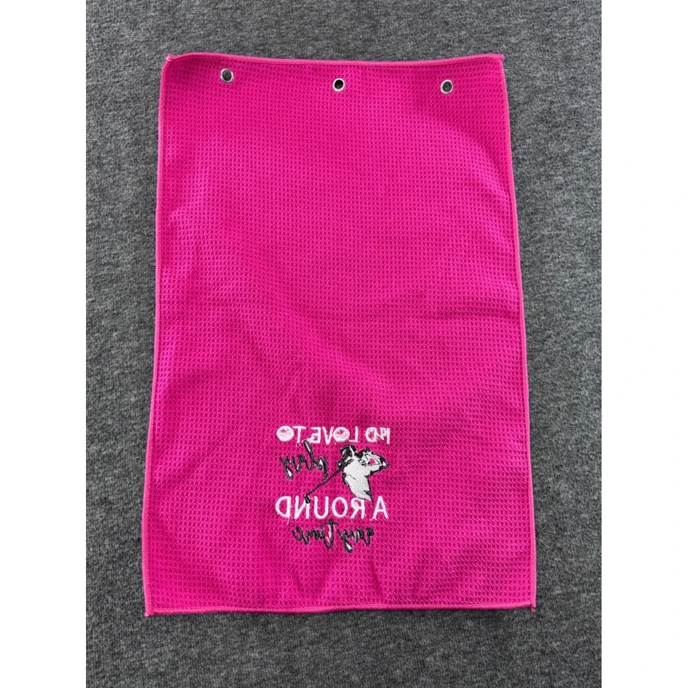 Pink Waffle Weave Golf Towel I'd Love To Play A Round Anytime Microfiber Grommet